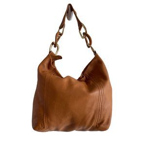 Michael Kors tan leather hobo purse oversized gold interlocking hardware ladies